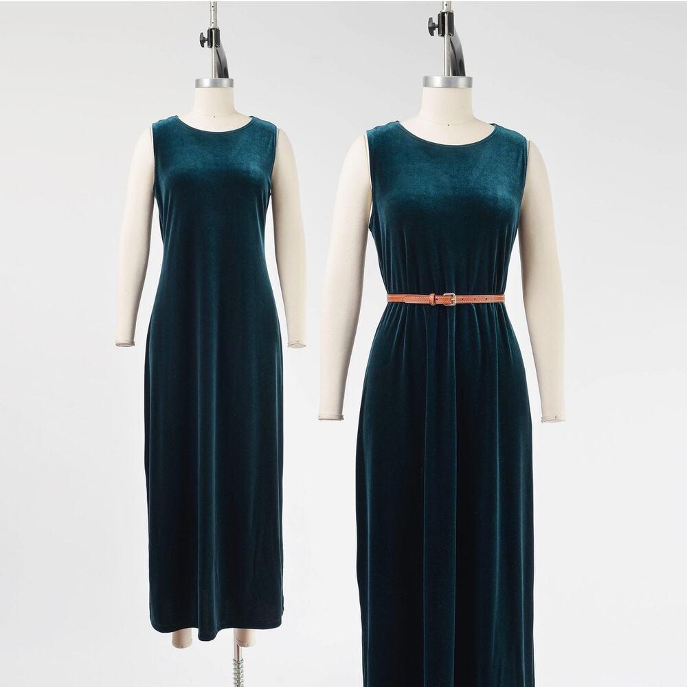 Vintage 90s Green Stretch Velvet Maxi Dress Sleeveless Tank Column Dress M L